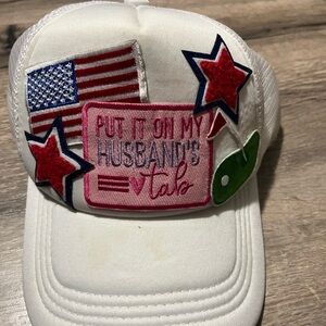 White Trucker Hat with Women’s Golf Graphic  with Patriotic Patches